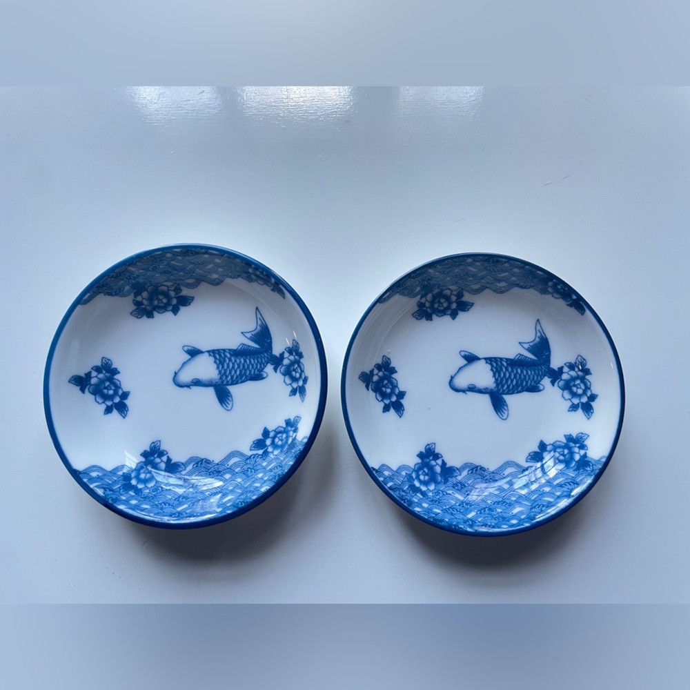 Set of 2 Koi Fish Sauce Dishes Dipping Bowls 3” D White Blue Porcelain Small
